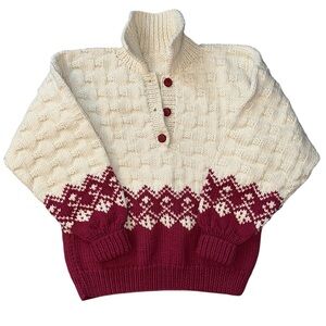 Vintage MARY MAXIM Cream and Raspberry Hand Knit Pullover with Fair Isle Border